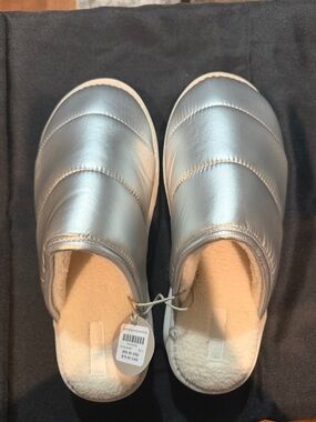 Anthropologie Metallic Silver Quilted Slip-On Clogs